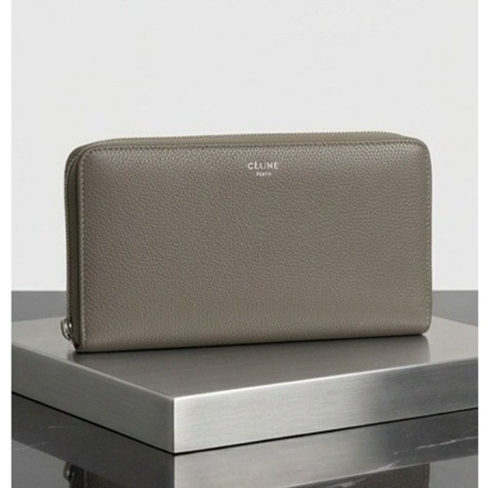 Celine Large Zipped Wallet Souris Grey Drummed Calfskin Yellow Interior